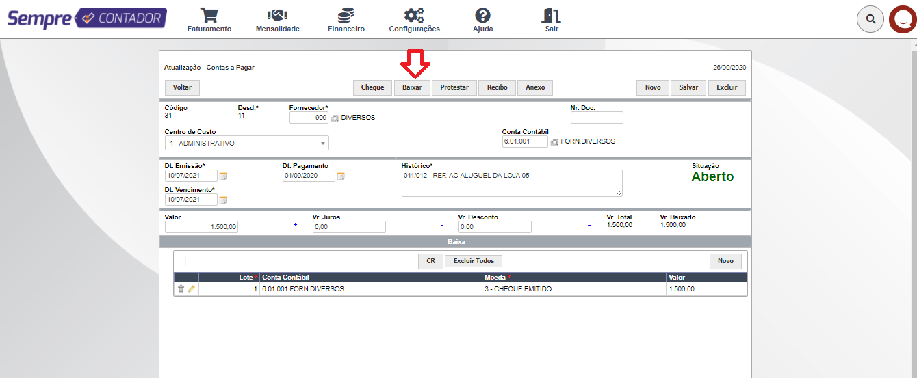 Manual de Instruções SC Como dar baixa em um Contas a Pagar com cheque